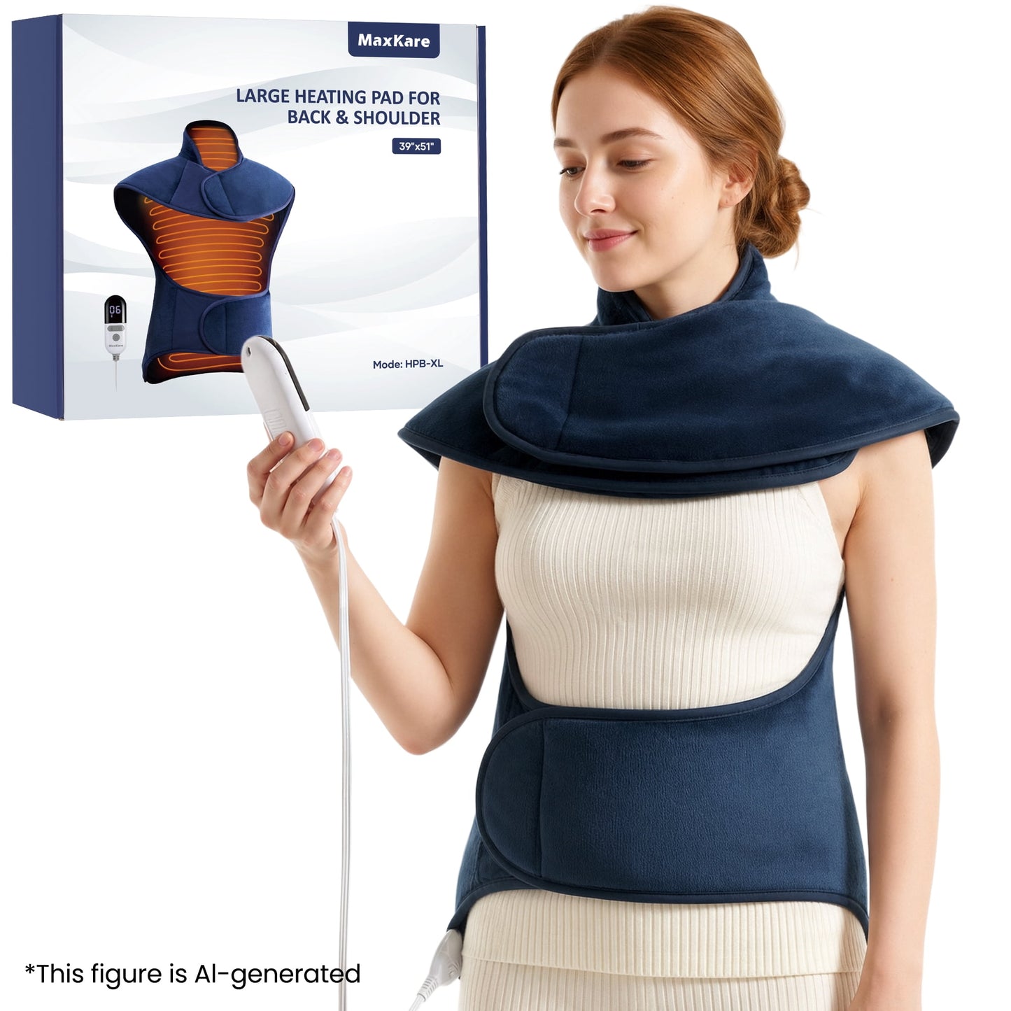 MaxKare Extra Large Heating Pad for Abdominal Comfort, Auto Shut-off & 6 Heat Levels for Full Body Stress Relief, 39"x51" - Navy blue