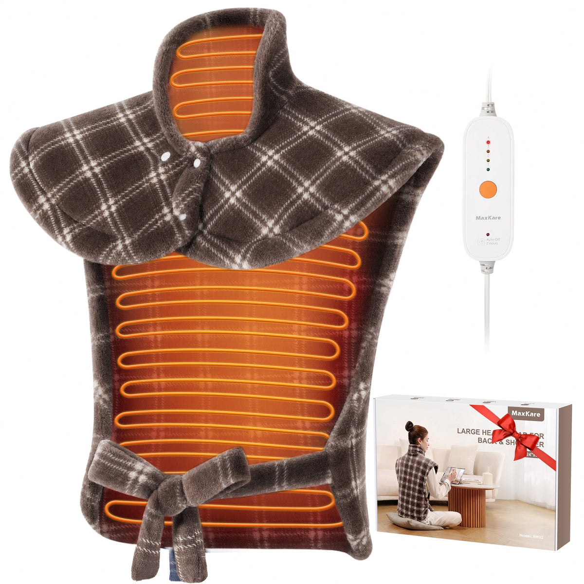 MaxKare Ultra Soft Heating Pad with 4 Heat Settings & Auto Shut-off, for Full Body Stress Relief, 24"x33", Gift - Brown Plaid
