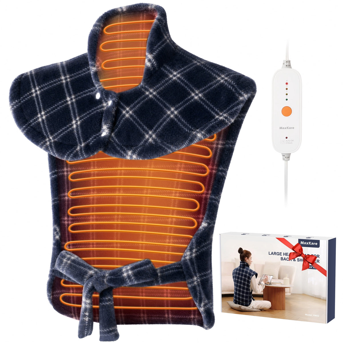 MaxKare Ultra Soft Heating Pad with 4 Heat Settings & Auto Shut-off, for Full Body Stress Relief, 24"x33", Gift - Navy Blue Plaid