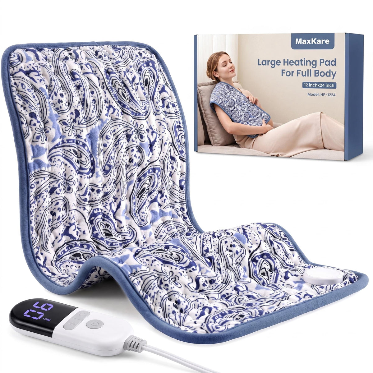 Maxkare 12 x 24 Heating Pad with 4 Heat Settings & Auto Shut-off, for Back Neck Shoulders Stress & Cramps Relief, Blue