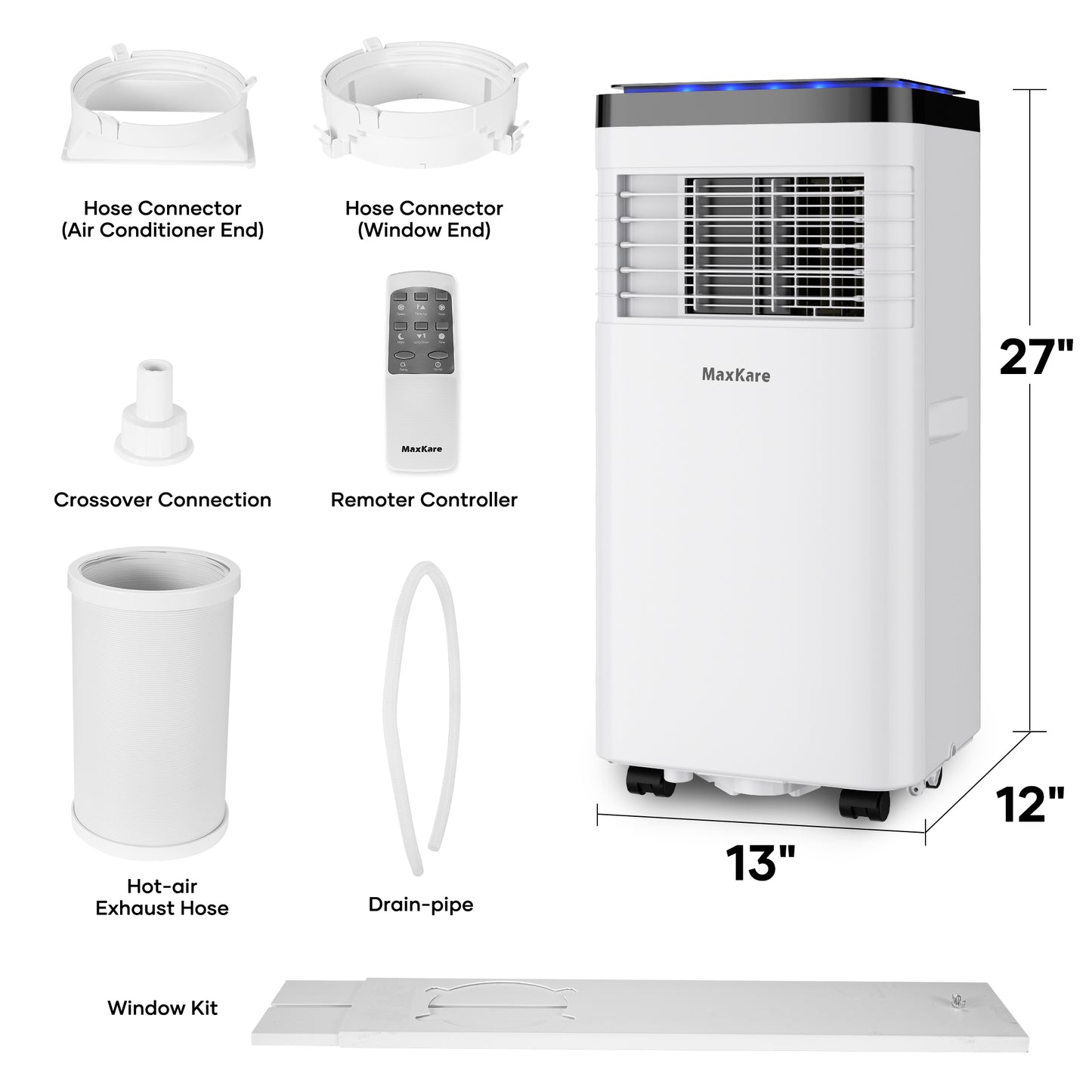 MaxKare 8000 BTU 3 In 1 Portable Air Conditioner with Dehumidifier Function, Cooler, Fan, Cools Rooms up to 350 sq.ft Remote Control, Complete Window Mount Exhaust Kit