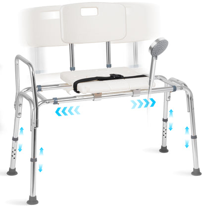 MaxKare Sliding Transfer Bench for Bathtub, 9 Levels Adjustable Height Shower Chair, Non-Slip Shower Bench for Elderly Disabled Handica with Safety Belt & Cutout Seat, 300 lbs