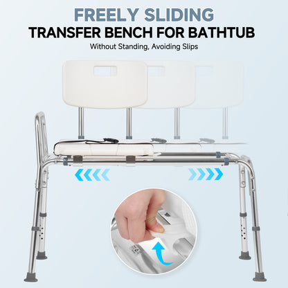 MaxKare Sliding Transfer Bench for Bathtub, 9 Levels Adjustable Height Shower Chair, Non-Slip Shower Bench for Elderly Disabled Handica with Safety Belt & Cutout Seat, 300 lbs