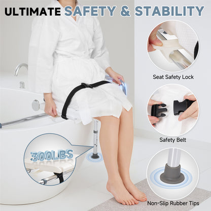 MaxKare Sliding Transfer Bench for Bathtub, 9 Levels Adjustable Height Shower Chair, Non-Slip Shower Bench for Elderly Disabled Handica with Safety Belt & Cutout Seat, 300 lbs