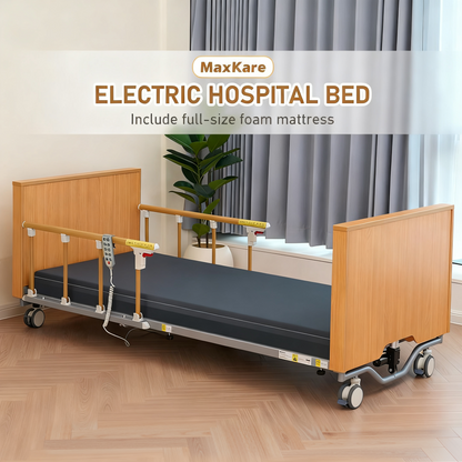 MaxKare Hospital Bed Set Fully Electric, Professional 5-Function, Includes Foam Mattress, Guardrails & Steel Frame, Heavy Duty 500lbs