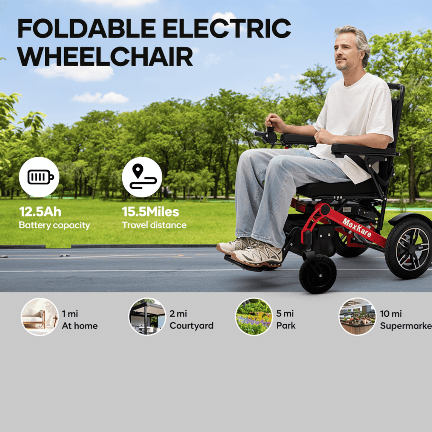 MaxKare Electric Wheelchair for Adults & Seniors, Long Travel Range with 13AH Lithium Batteries, Folding Compact All-Terrain Power Chair with Heavy Duty