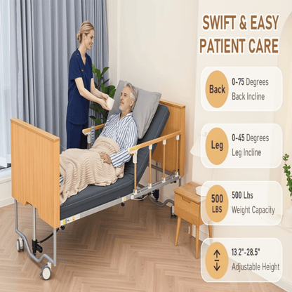 MaxKare Hospital Bed Set Fully Electric, Professional 5-Function, Includes Foam Mattress, Guardrails & Steel Frame, Heavy Duty 500lbs