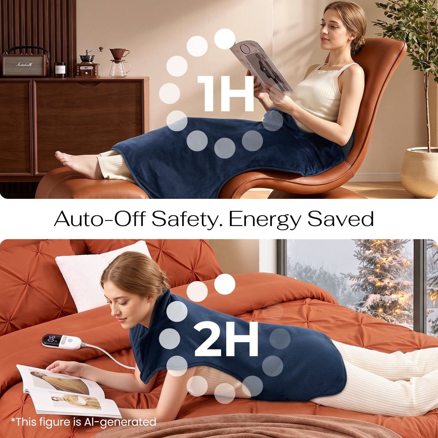MaxKare Extra Large Heating Pad for Abdominal Comfort, Auto Shut-off & 6 Heat Levels for Full Body Stress Relief, 39"x51" - Navy blue