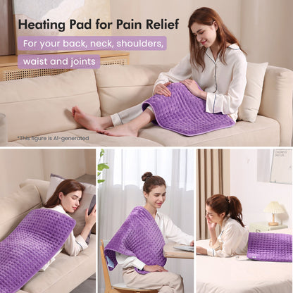 Ultra-Wide Microplush Heating Pads for Full Body 33"x18", 6 Heating Settings and Auto Shut-Off, Purple