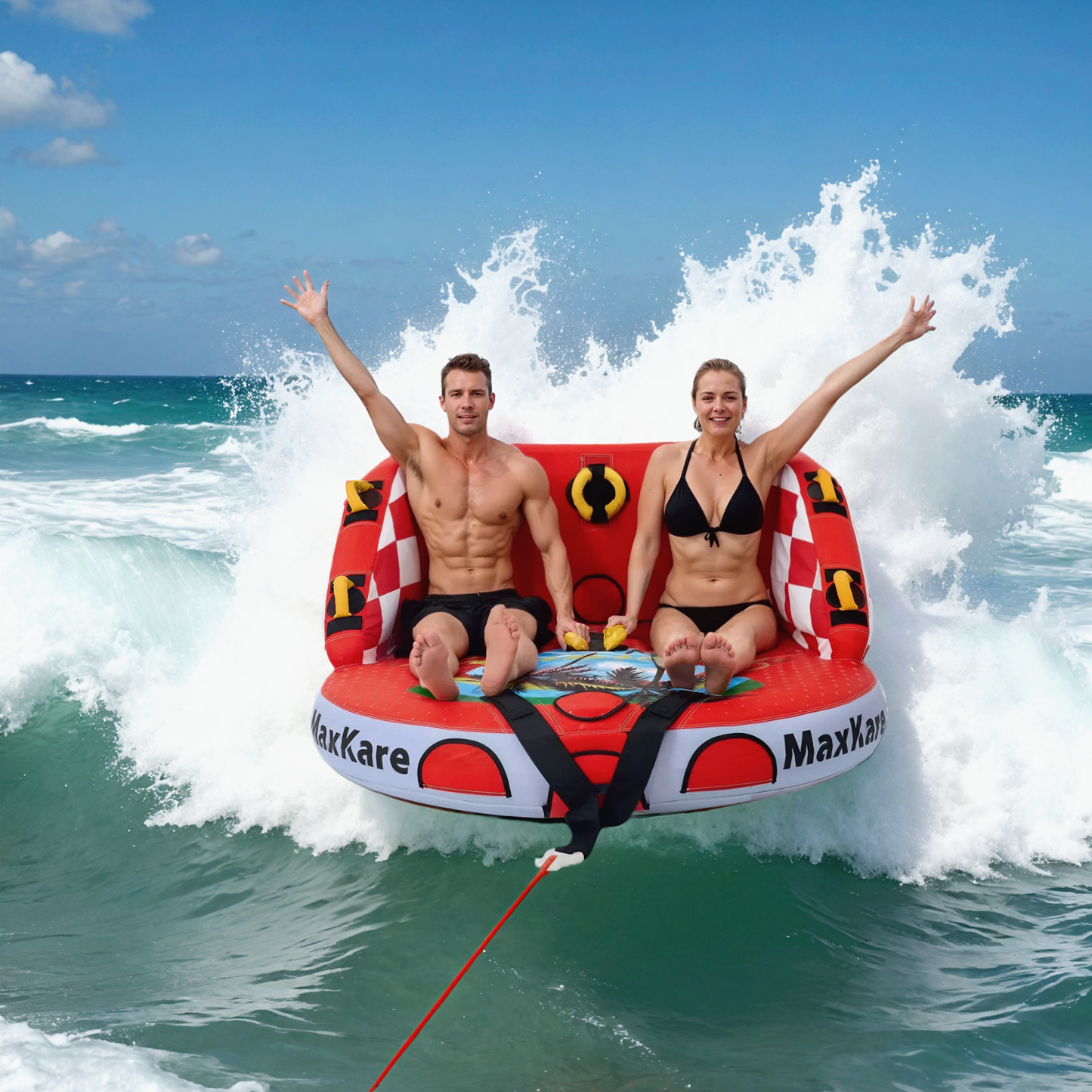 MaxKare Towable Tube with Dual Tow Points, Waterskiing Towables for Outdoor, 1- 2 Riders, Max 450lbs, Red