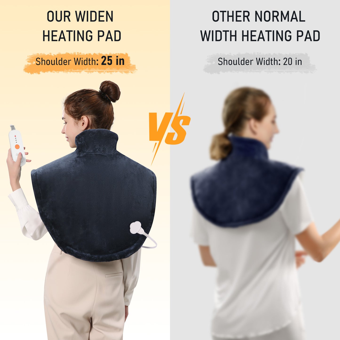Widen Heating Pad for Shoulder & Back with 4 Heating Levels, 2H Auto-off, for Neck, Back Stress Relief, 25" x 26", Dark Blue