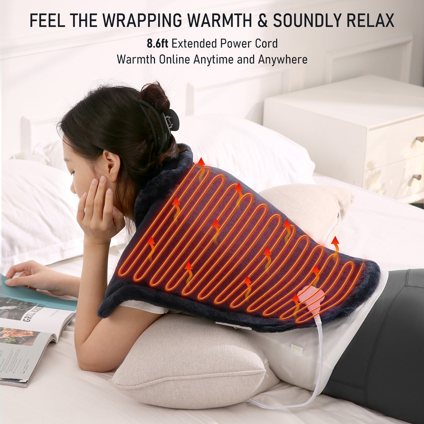 Widen Heating Pad for Shoulder & Back with 4 Heating Levels, 2H Auto-off, for Neck, Back Stress Relief, 25" x 26", Dark Blue