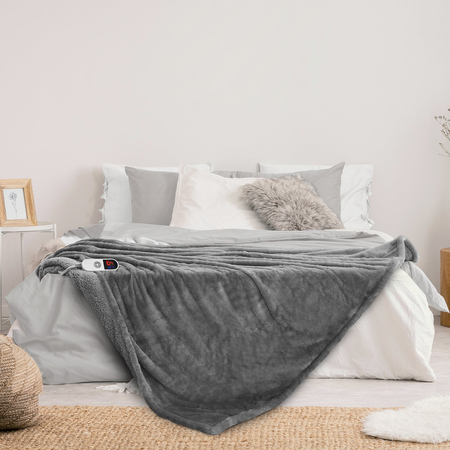MaxKare Electric Throw Blanket 60" x 70" with 6 Heating Levels & 4 Hours Timer, Large LED Display, Soft Faux Fur & Shu Velvet - Gray
