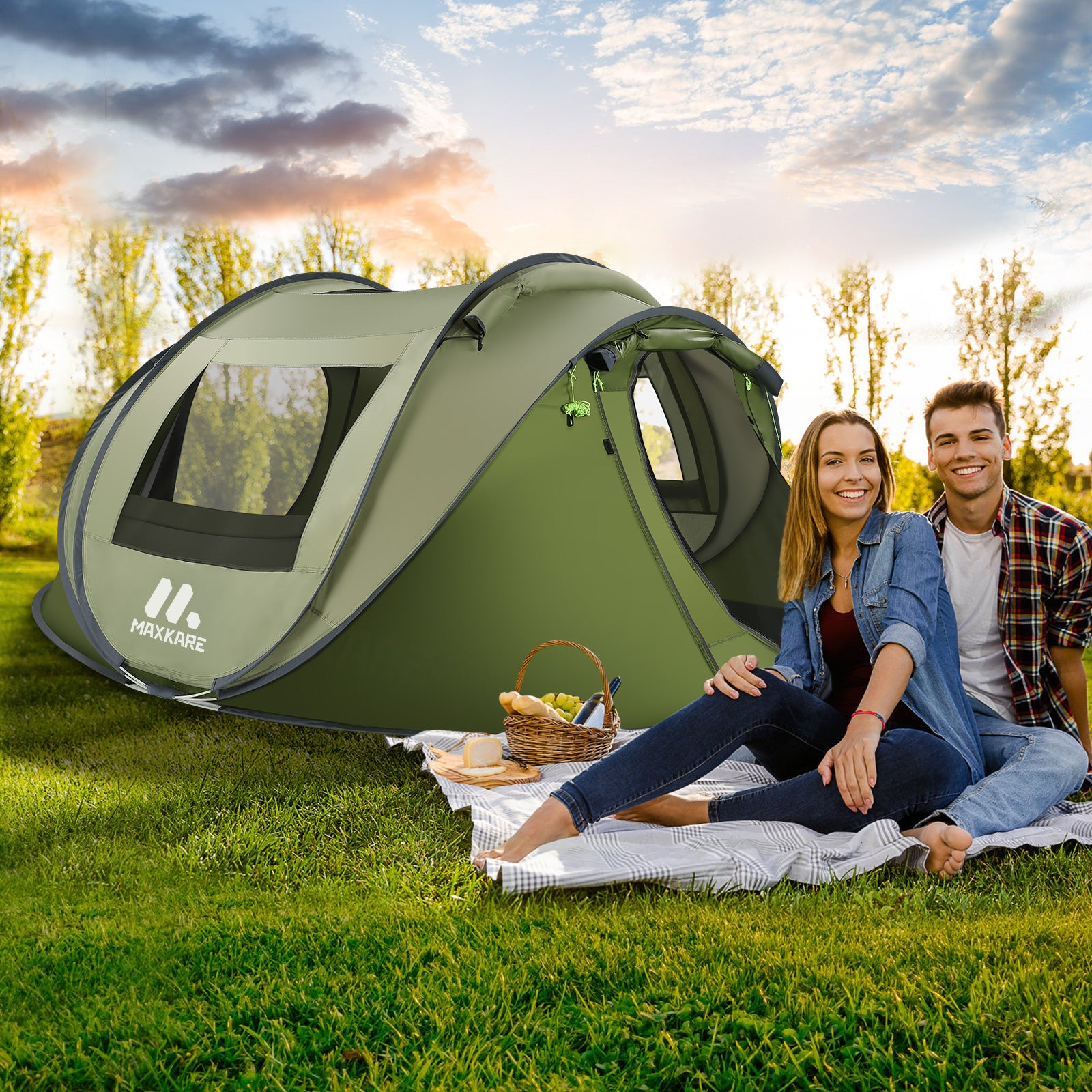 Load image into Gallery viewer, Maxkare 4 Person Instant Setup Tent with 2 Doors Automatic Easy Pop Up Family Tents Waterproof for Camping Hiking &amp; Traveling
