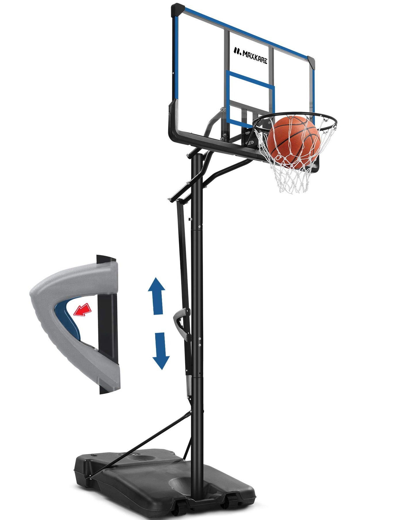 MaxKare 48 In., Portable Basketball Hoop Basketball Goal 7 Ft. 5 In., 10 Ft. Height Adjustable and Adjustable Angled Pole Outdoor Court Equipment with Wheels for Adults Kids Indoor Home Use