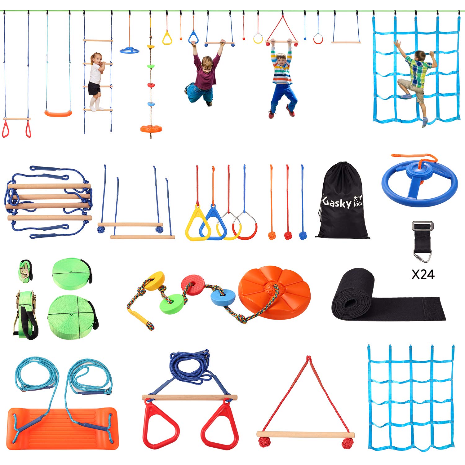 Load image into Gallery viewer, Ninja Warrior 16 Obstacles Course Kit for Kids-55ft Slackline Kit Backyard Outside - Slackline Capacity 1320lbs-with Adjustable Buckles Tree Protectors Carry Bag-Double Line Design
