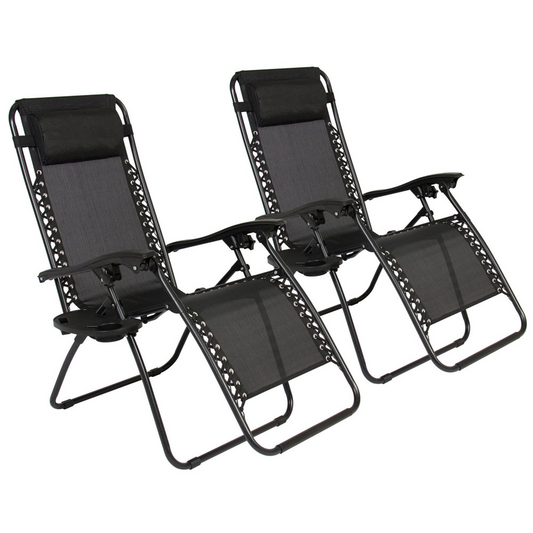 Maxkare Set of 2 Mesh Zero Gravity Lounge Chair Patio Folding Recliners with Adjustable Pillows and Cup Holder Trays, Black