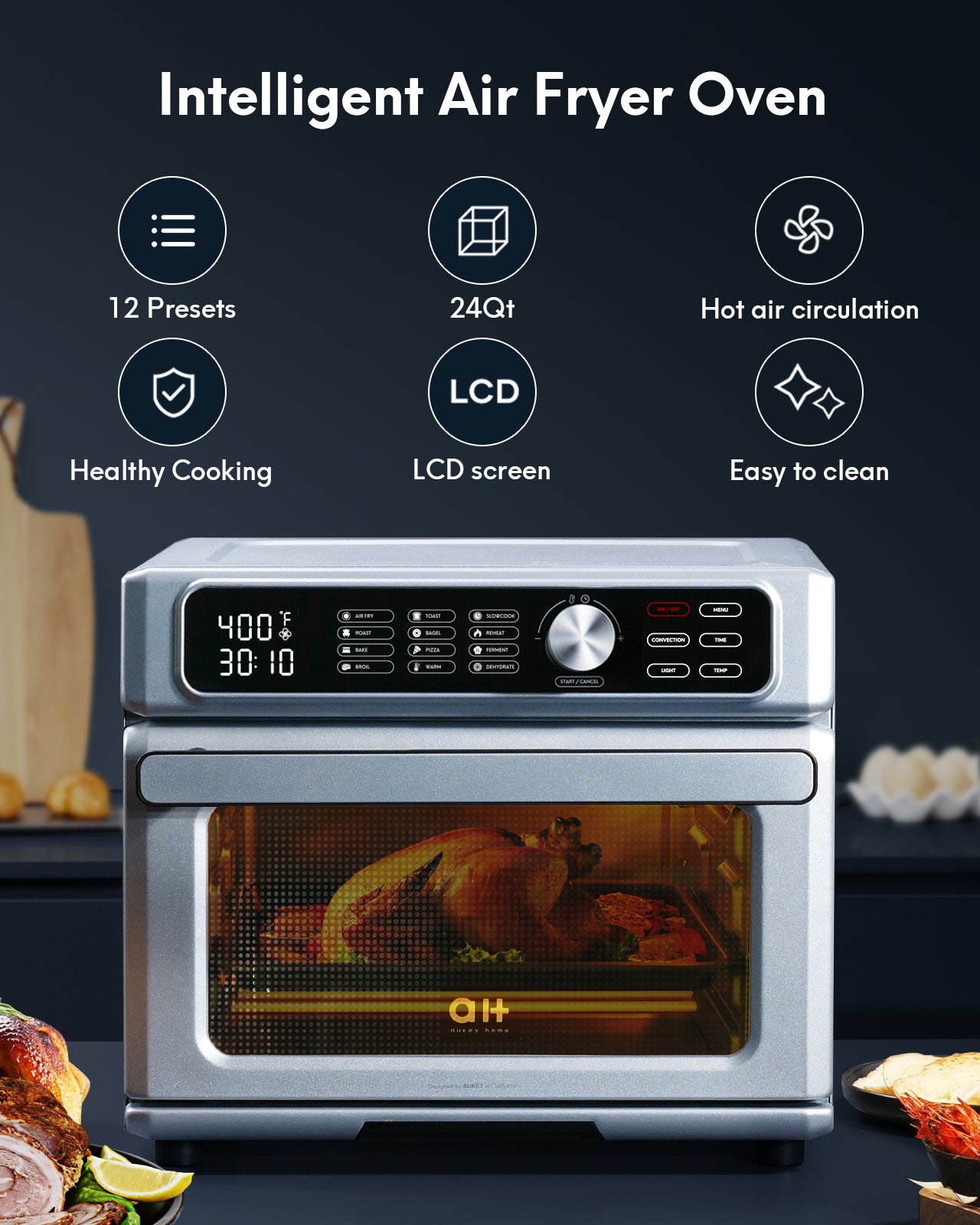 Load image into Gallery viewer, 1700W 24QT Air Fryer Toaster Oven Combo, 2-in-1 Digital Convection Oven and Dehydrator for Chicken, Pizza and Cookies, Large with 100 Online Recipes, Stainless Steel

