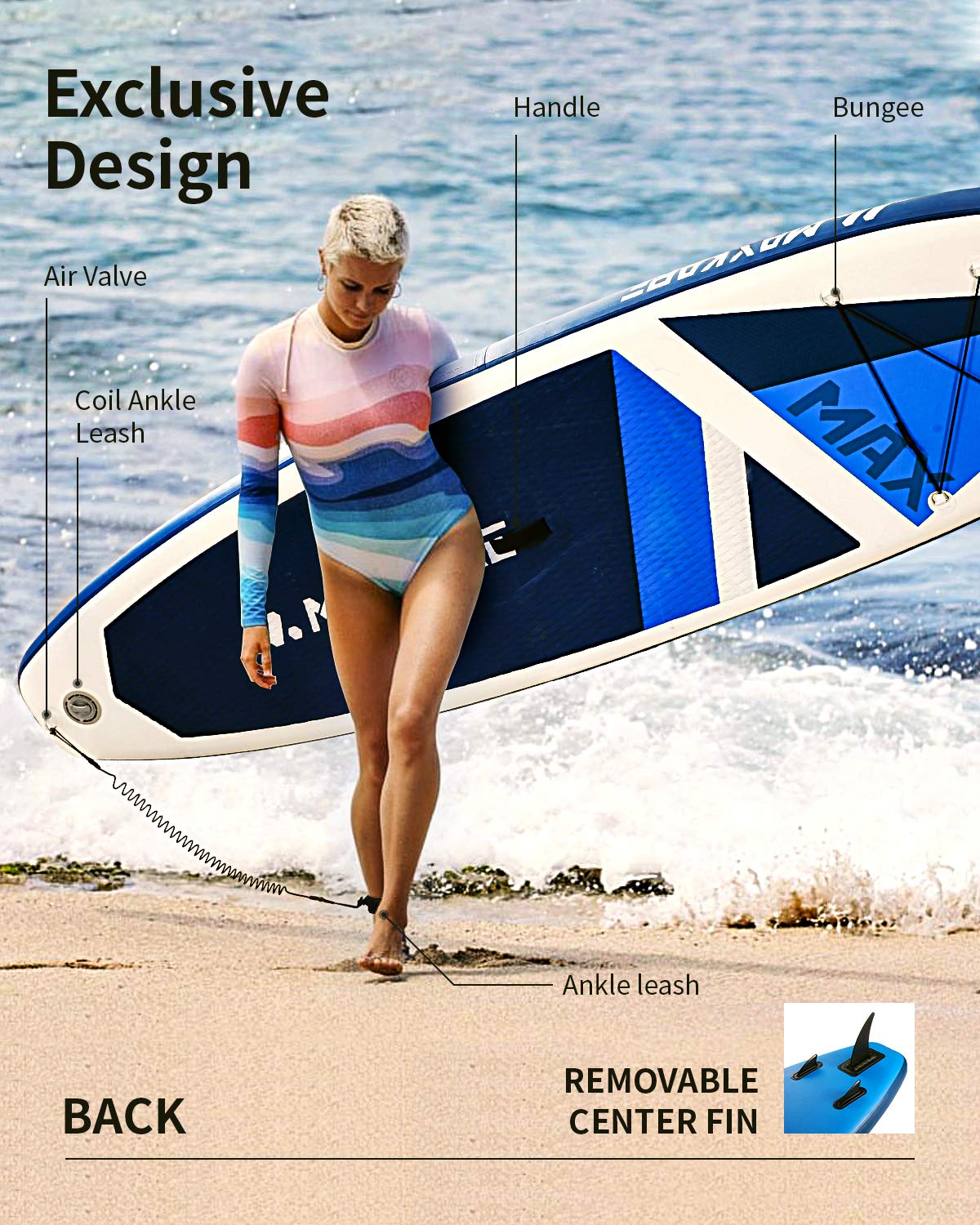 MaxKare 10.6' Inflatable Stand Up Paddle Board Thick Premium Paddle Board, Dual Action Pump, Backpack Portable for Youth Adult Have Fun
