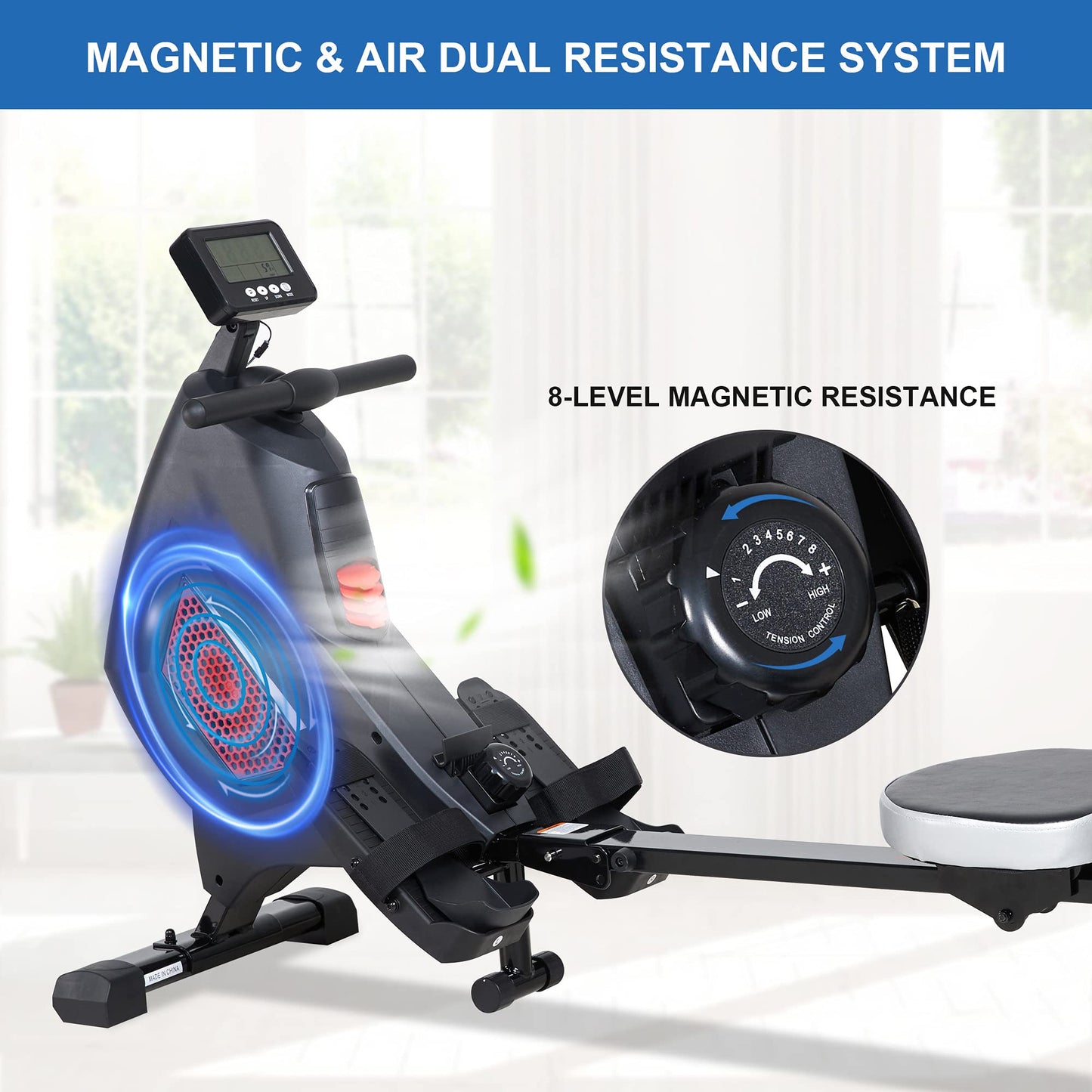 Maxkare Foldable Magnetic Air Rowing Machines for Home Use, 8-Level Quiet Magnetic & Air Dual Resistance Rower with LCD Monitor for Cardio Exercise Gyms Training Equipment