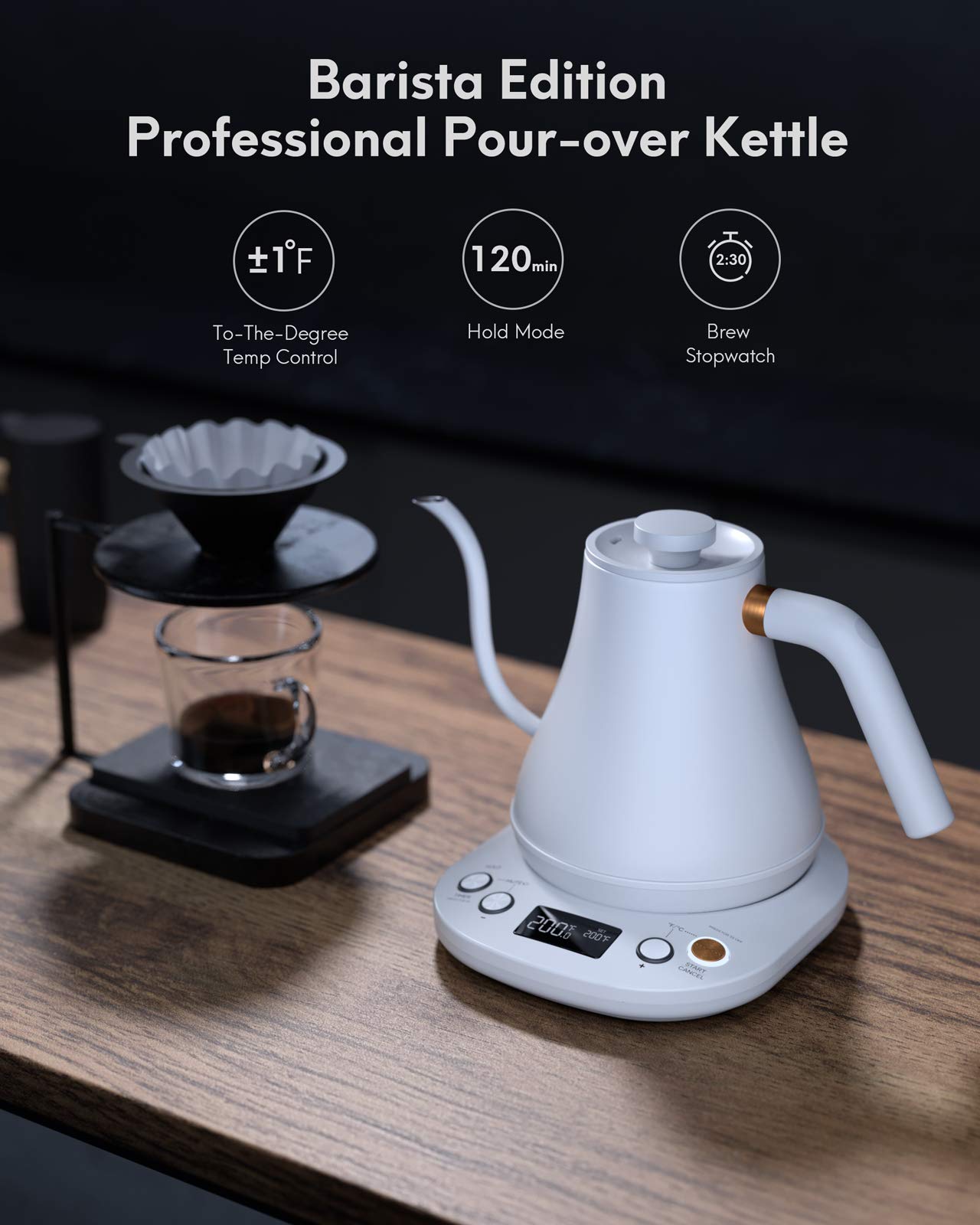 Willsence Electric Gooseneck Coffee Kettle with Temperature Control, 1200W Pour Over Electric Kettle for Coffee and Tea, 100% Stainless Steel Inner Lid and Bottom, Matte White
