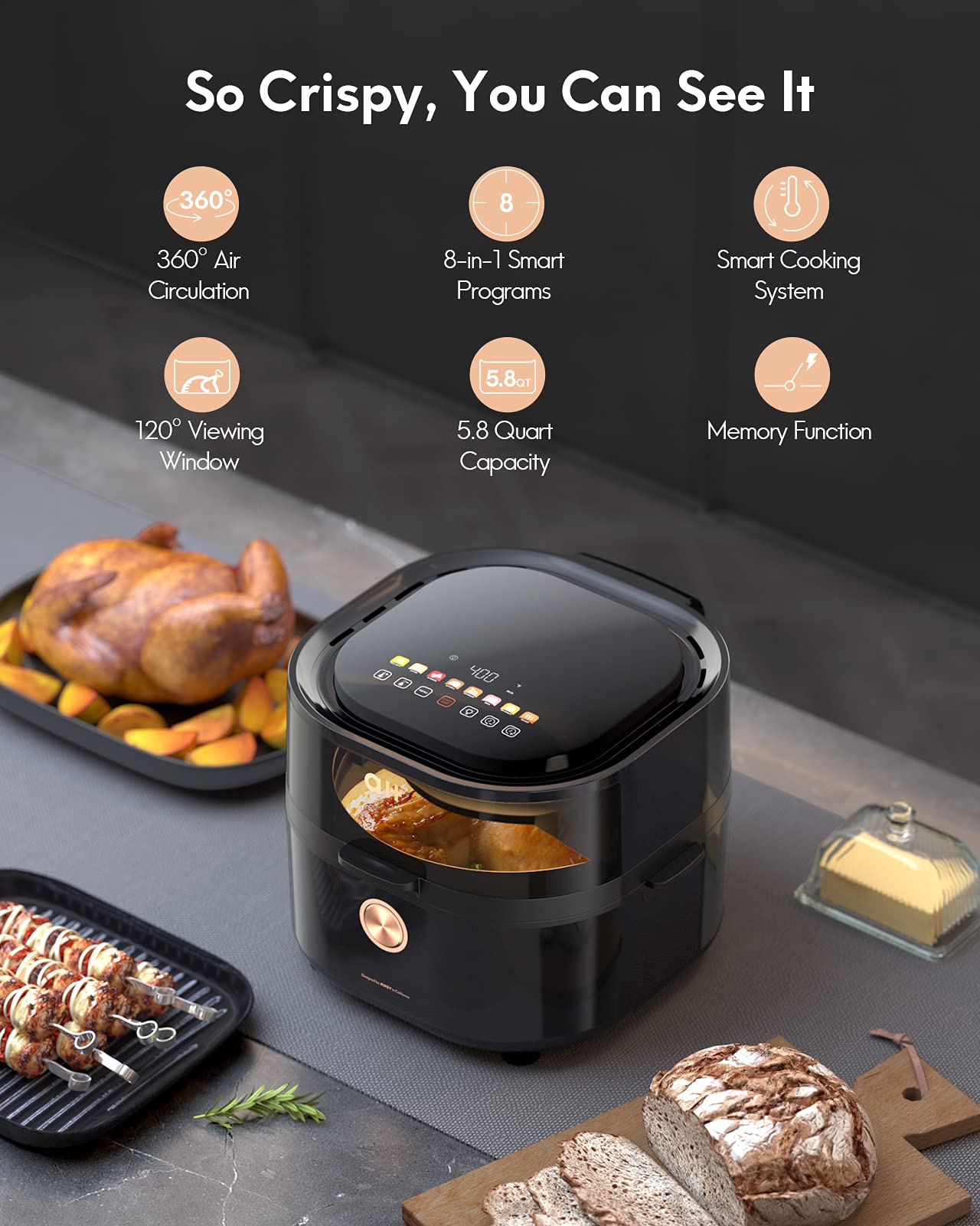 Load image into Gallery viewer, 5.8QT Air Fryer with Viewing Window, Large Capacity Oilless Air Fryer Oven with 100 Digital Cookbook, One Touch Screen for 8 Presets, Nonstick Basket, Dishwasher Safe and a Stainless Finish
