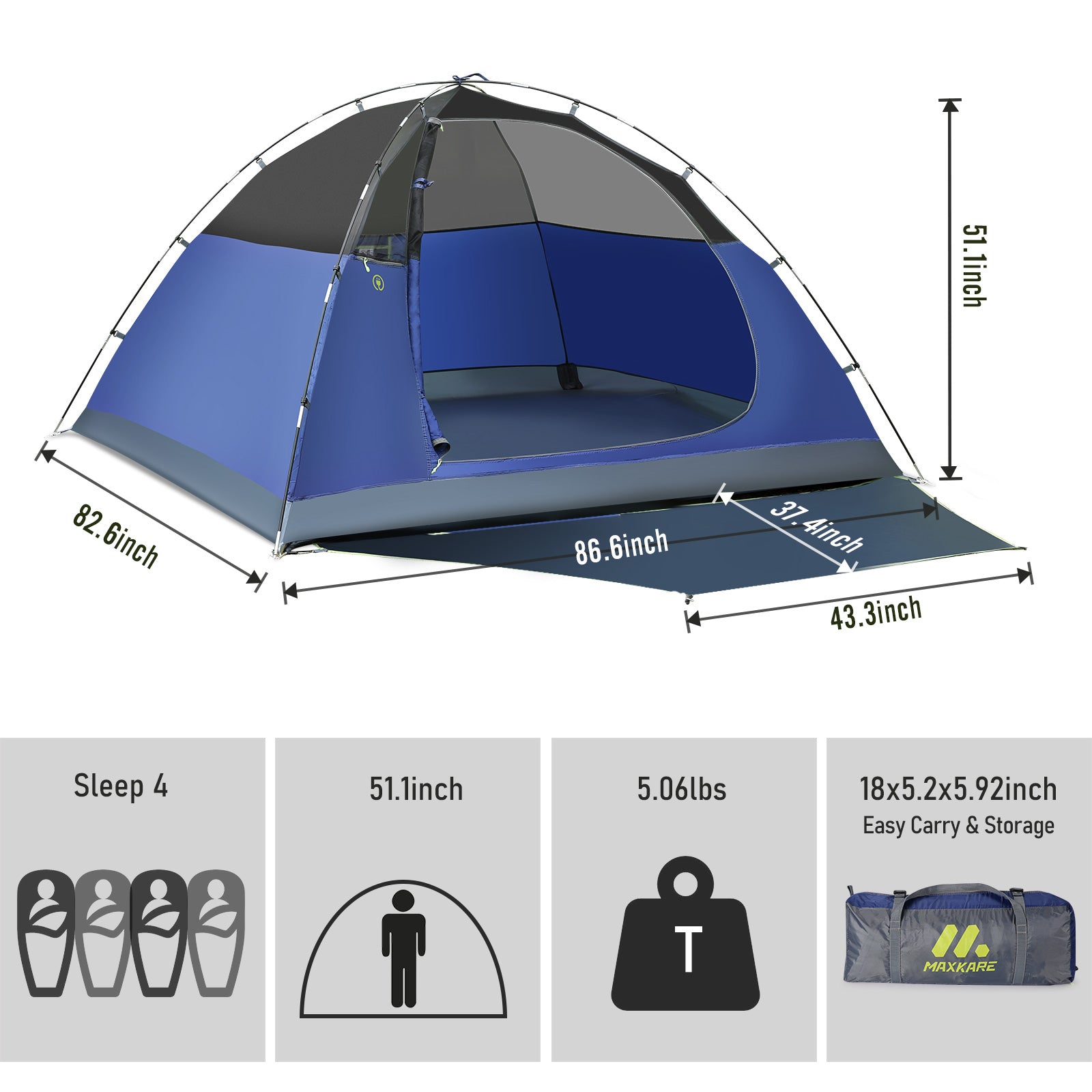 Load image into Gallery viewer, Maxkare 3/4 Person Camping Tent with Extra Large Vestibule, 2 Large Ventilated Windows, 2000mm Waterproof Family Tent for Outdoor Camping &amp; Hiking
