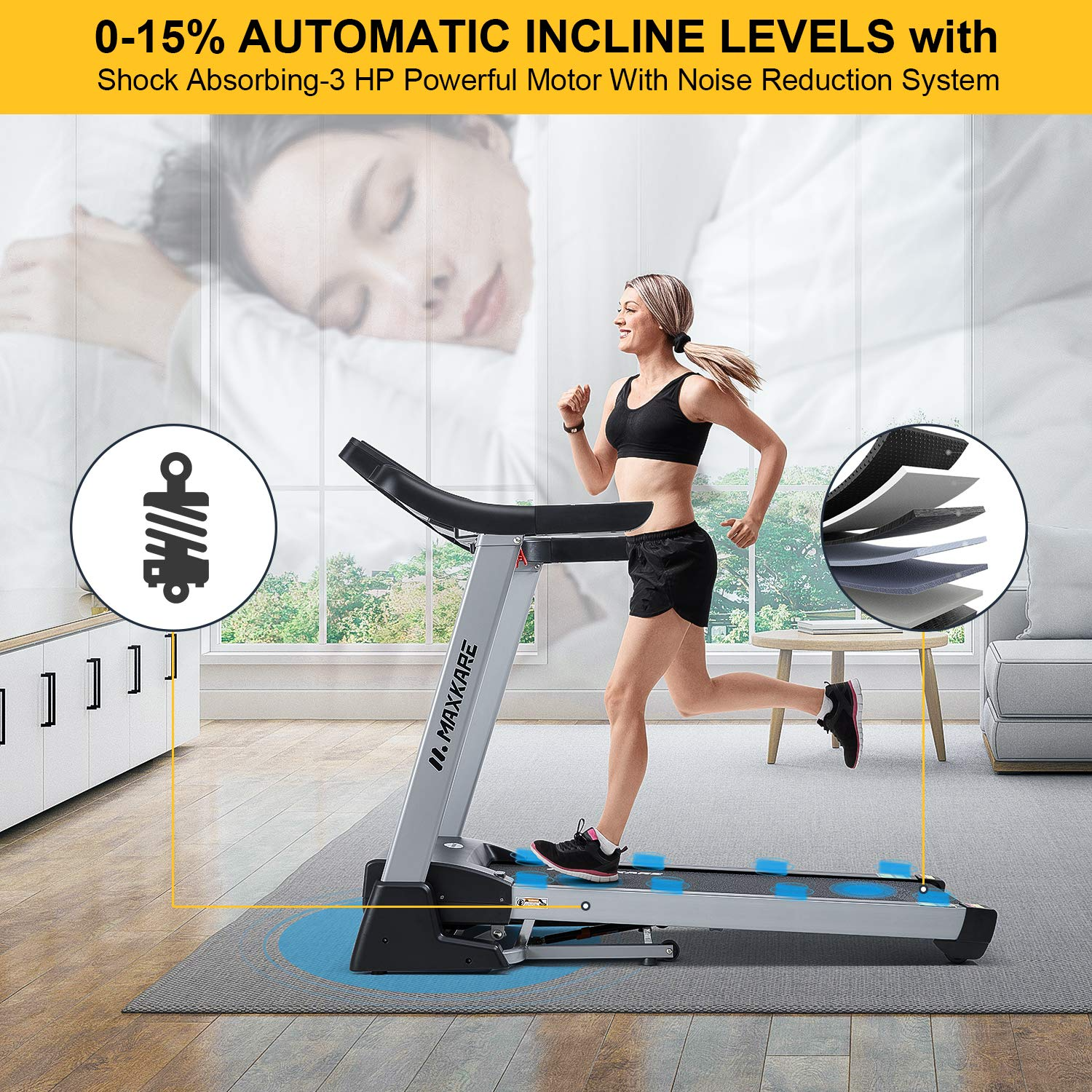 Load image into Gallery viewer, MaxKare 3HP Folding Treadmill with 15% Auto Incline,10 MHP Electric Treadmill Running Machine with 15 Preset LCD Display, Heart Rate for Home Use, 300 LBS Weight Capacity
