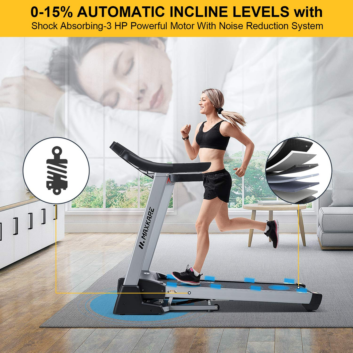 MaxKare 3HP Folding Treadmill with 15% Auto Incline,10 MHP Electric Treadmill Running Machine with 15 Preset LCD Display, Heart Rate for Home Use, 300 LBS Weight Capacity
