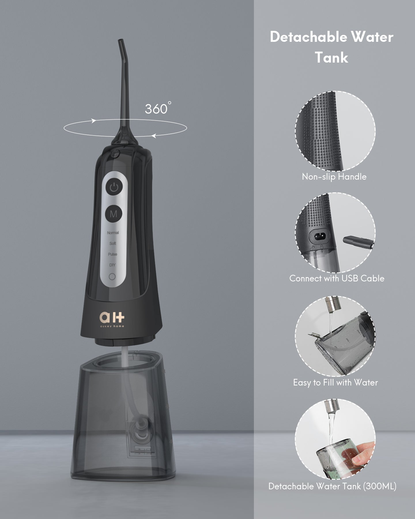 Professional Cordless Water Dental Flosser For Teeth, Gums, Braces, Dental Care, Rechargeable, Portable, and Waterproof, Black