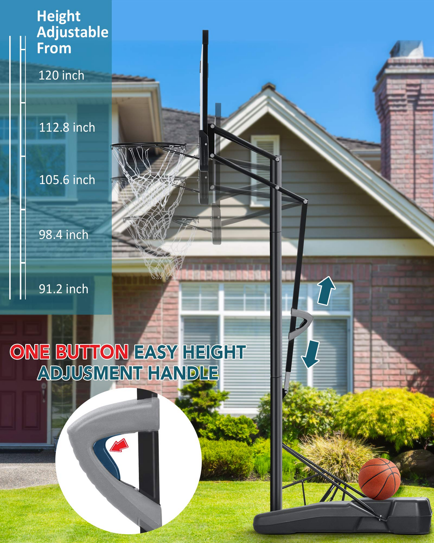 MaxKare 48 In., Portable Basketball Hoop Basketball Goal 7 Ft. 5 In., 10 Ft. Height Adjustable and Adjustable Angled Pole Outdoor Court Equipment with Wheels for Adults Kids Indoor Home Use
