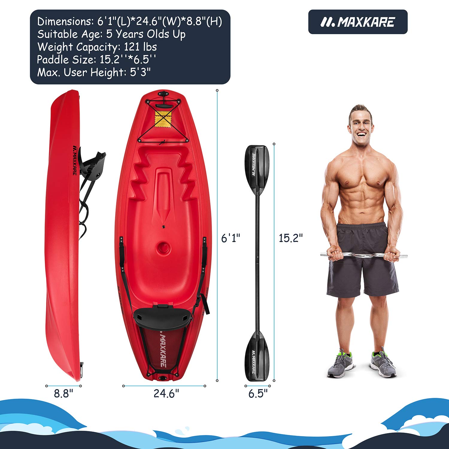 Load image into Gallery viewer, MaxKare Youth Kids Kayak with Paddle 6ft Fishing Kayak, Red 121 lbs Capacity, 6&#39;1&#39;&#39;L x 24.6&#39;&#39;W x8.8&#39;&#39;H
