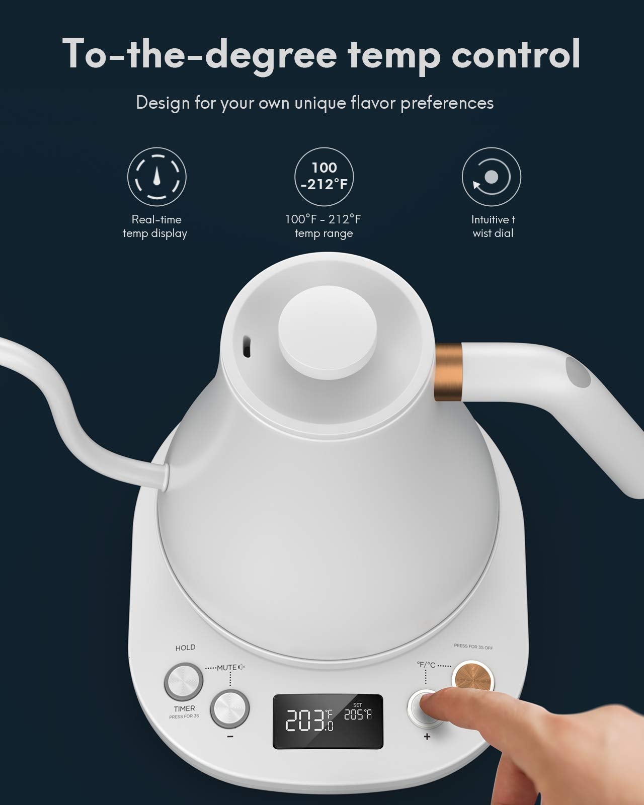 Willsence Electric Gooseneck Coffee Kettle with Temperature Control, 1200W Pour Over Electric Kettle for Coffee and Tea, 100% Stainless Steel Inner Lid and Bottom, Matte White