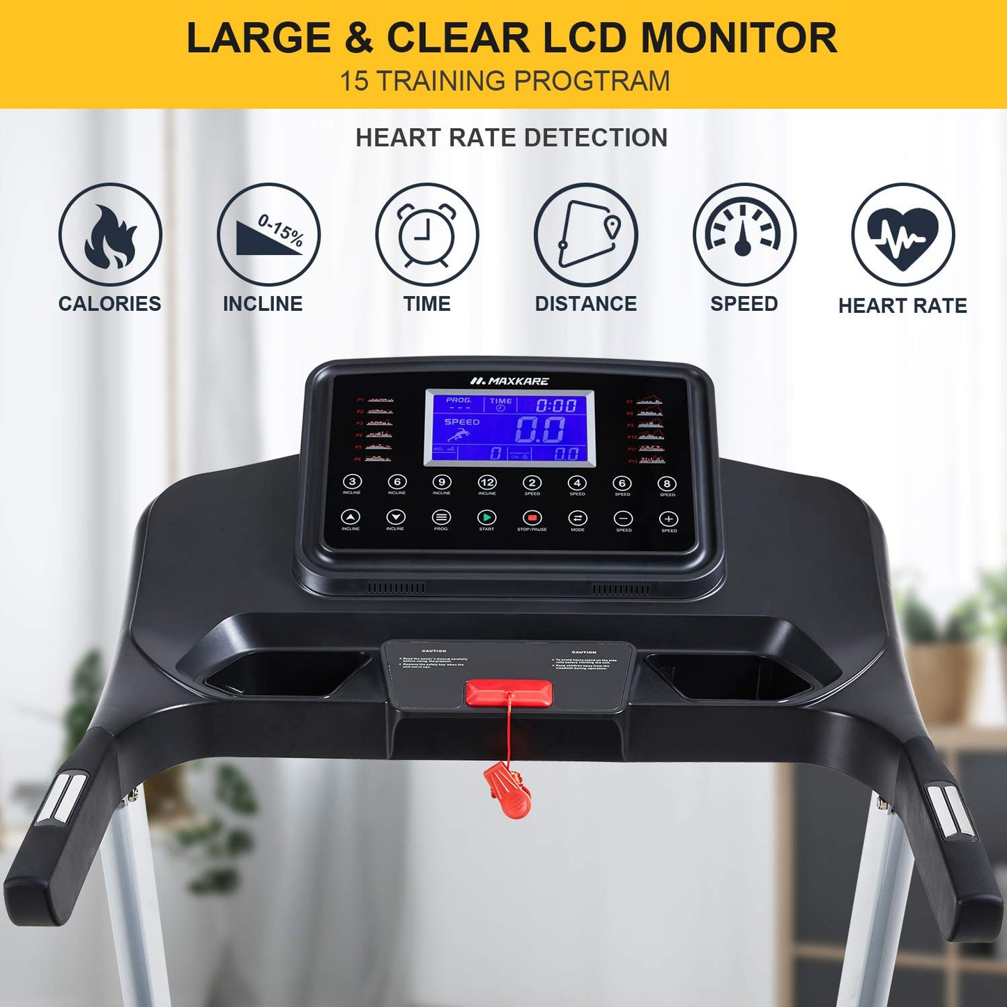 MaxKare 3HP Folding Treadmill with 15% Auto Incline,10 MHP Electric Treadmill Running Machine with 15 Preset LCD Display, Heart Rate for Home Use, 300 LBS Weight Capacity