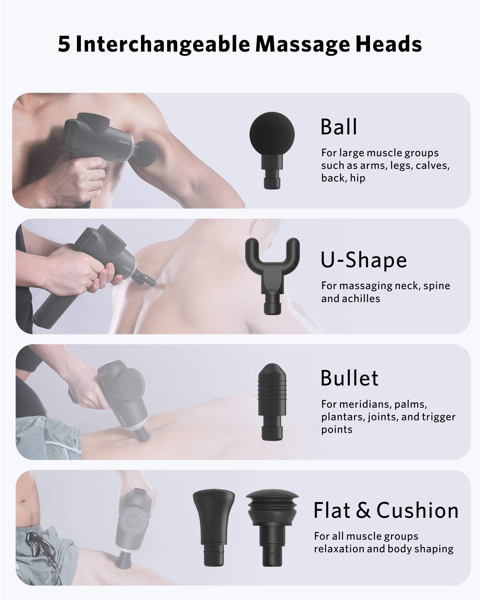 Load image into Gallery viewer, Naipo 5 Heads Muscle Massage Gun Powerful Handheld Deep Tissue Percussion Massager for Pain Relief Athlete Deep Muscle Relaxation 43 db Quiet Brushless Motor Portable with Carrying Case

