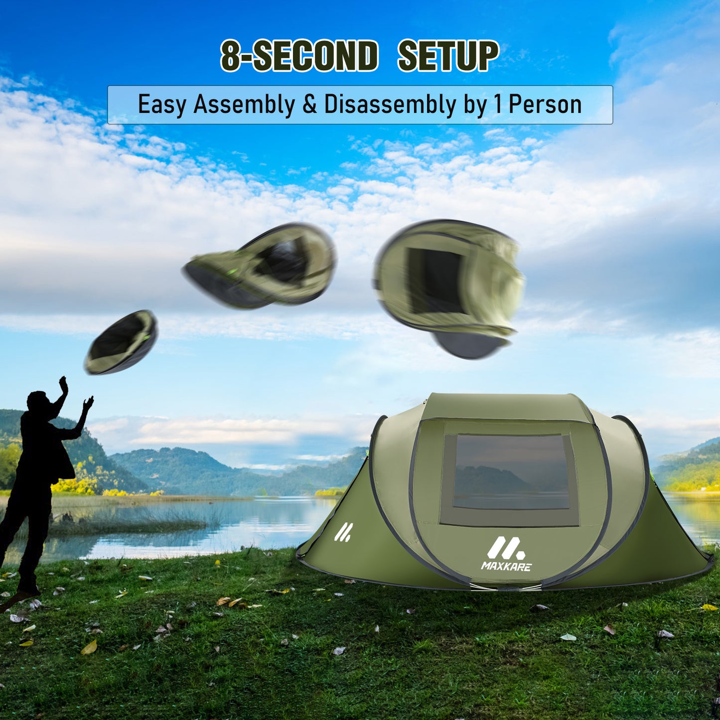 Maxkare 4 Person Instant Setup Tent with 2 Doors Automatic Easy Pop Up Family Tents Waterproof for Camping Hiking & Traveling