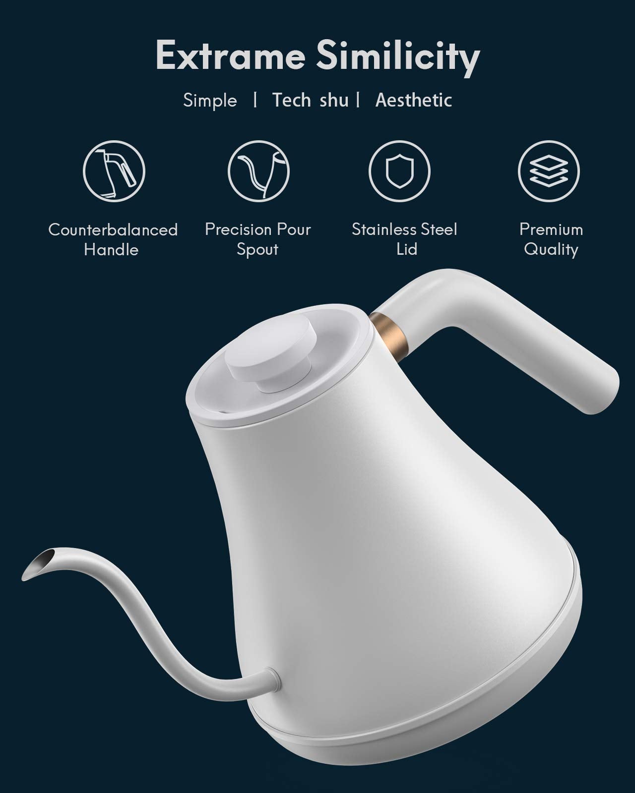 Willsence Electric Gooseneck Coffee Kettle with Temperature Control, 1200W Pour Over Electric Kettle for Coffee and Tea, 100% Stainless Steel Inner Lid and Bottom, Matte White