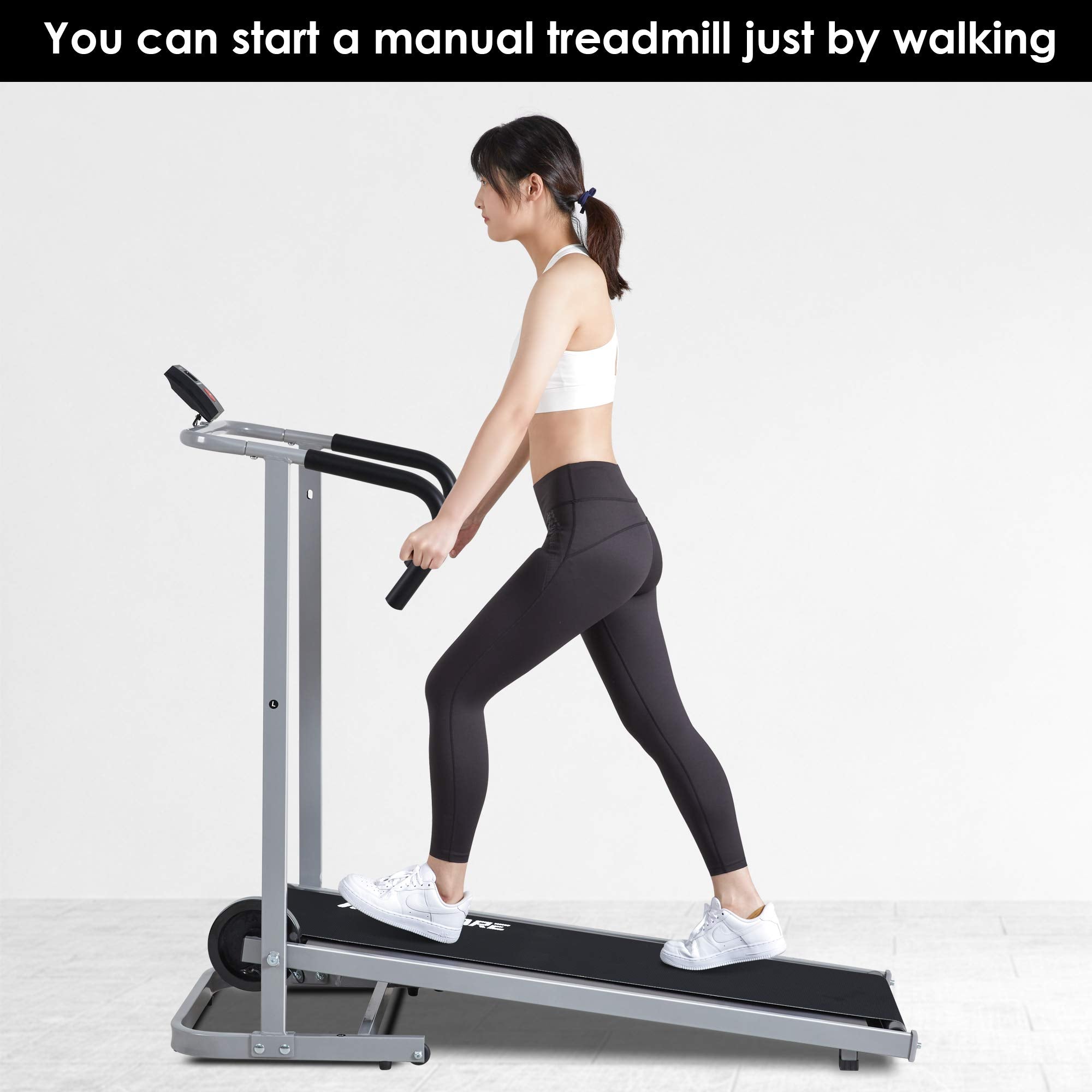 Load image into Gallery viewer, MaxKare Manual Walking Treadmill with LCD Monitor &amp; Portable Wheels Lightweight Mechanical Treadmill for Small Space at Home
