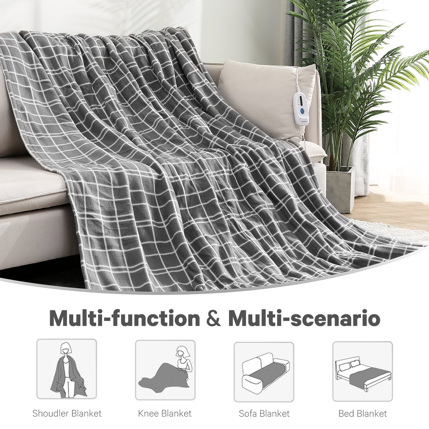 Maxkare Electric Blanket 72" x 84" Full Size Heated Throw Blanket with Adjustable Timer 4 Heating Levels, Auto-Off Feature Machine-Washable(Grey&White)