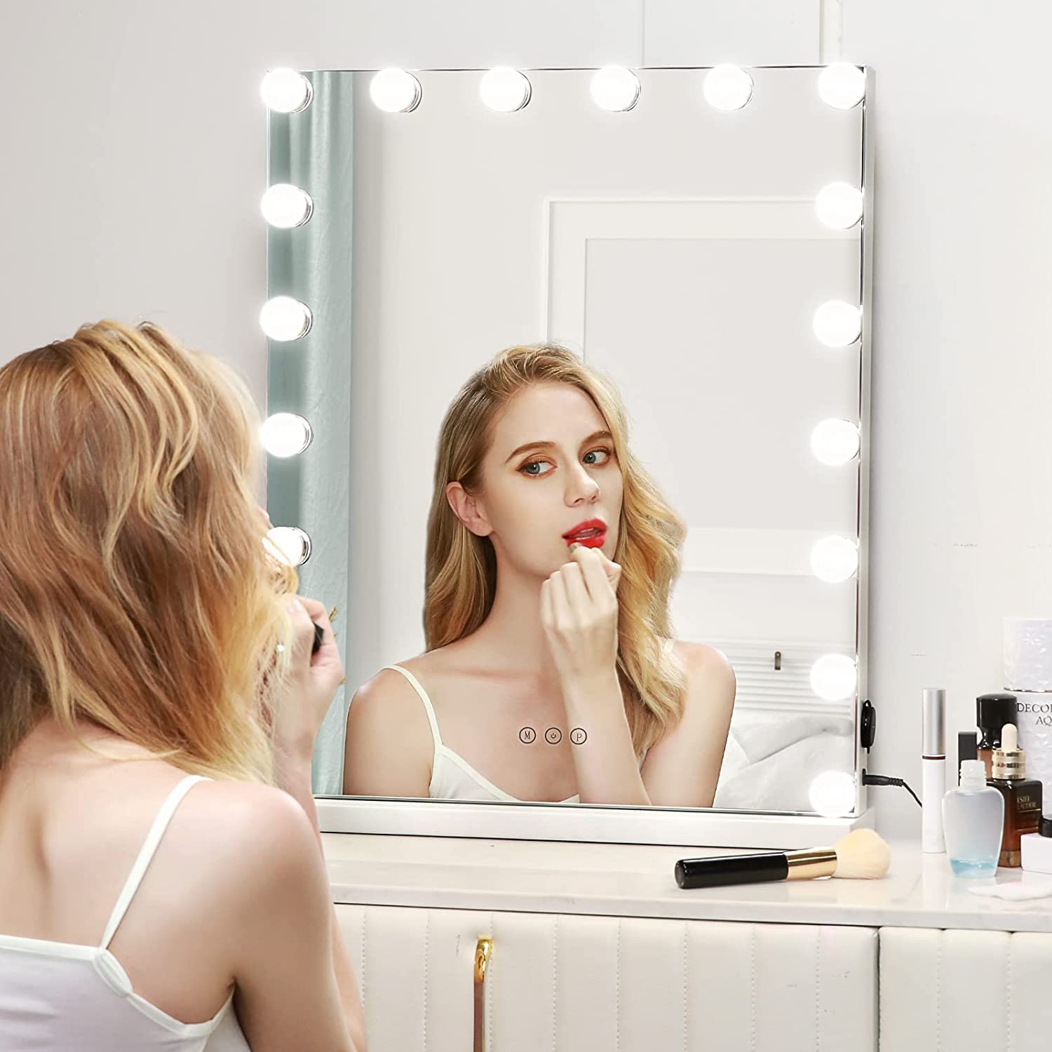 Load image into Gallery viewer, Large Hollywood Lighted Makeup Mirror with 18 Dimmable LED Bulbs, USB Charging Port, L23 X W19 Inch Smart Touch Control
