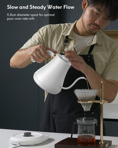 Willsence Electric Gooseneck Coffee Kettle with Temperature Control, 1200W Pour Over Electric Kettle for Coffee and Tea, 100% Stainless Steel Inner Lid and Bottom, Matte White