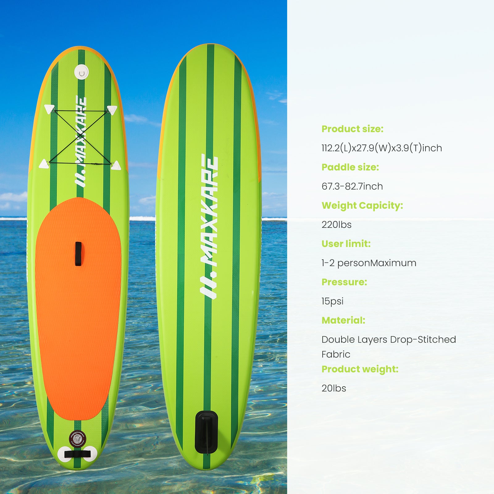 Load image into Gallery viewer, Maxkare Inflatable Stand Up Paddle Board for Kids Adult, with Adjustable Aluminum Paddle, Pump, Repair Kit, Backpack and Bottom Fin, 220lbs Load Capacity
