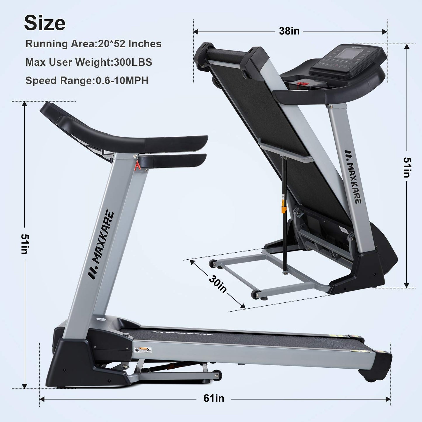 MaxKare 3HP Folding Treadmill with 15% Auto Incline,10 MHP Electric Treadmill Running Machine with 15 Preset LCD Display, Heart Rate for Home Use, 300 LBS Weight Capacity