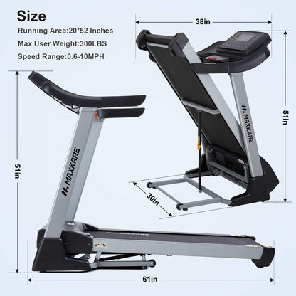 MaxKare 3HP Folding Treadmill with 15% Auto Incline,10 MHP Electric Treadmill Running Machine with 15 Preset LCD Display, Heart Rate for Home Use, 300 LBS Weight Capacity