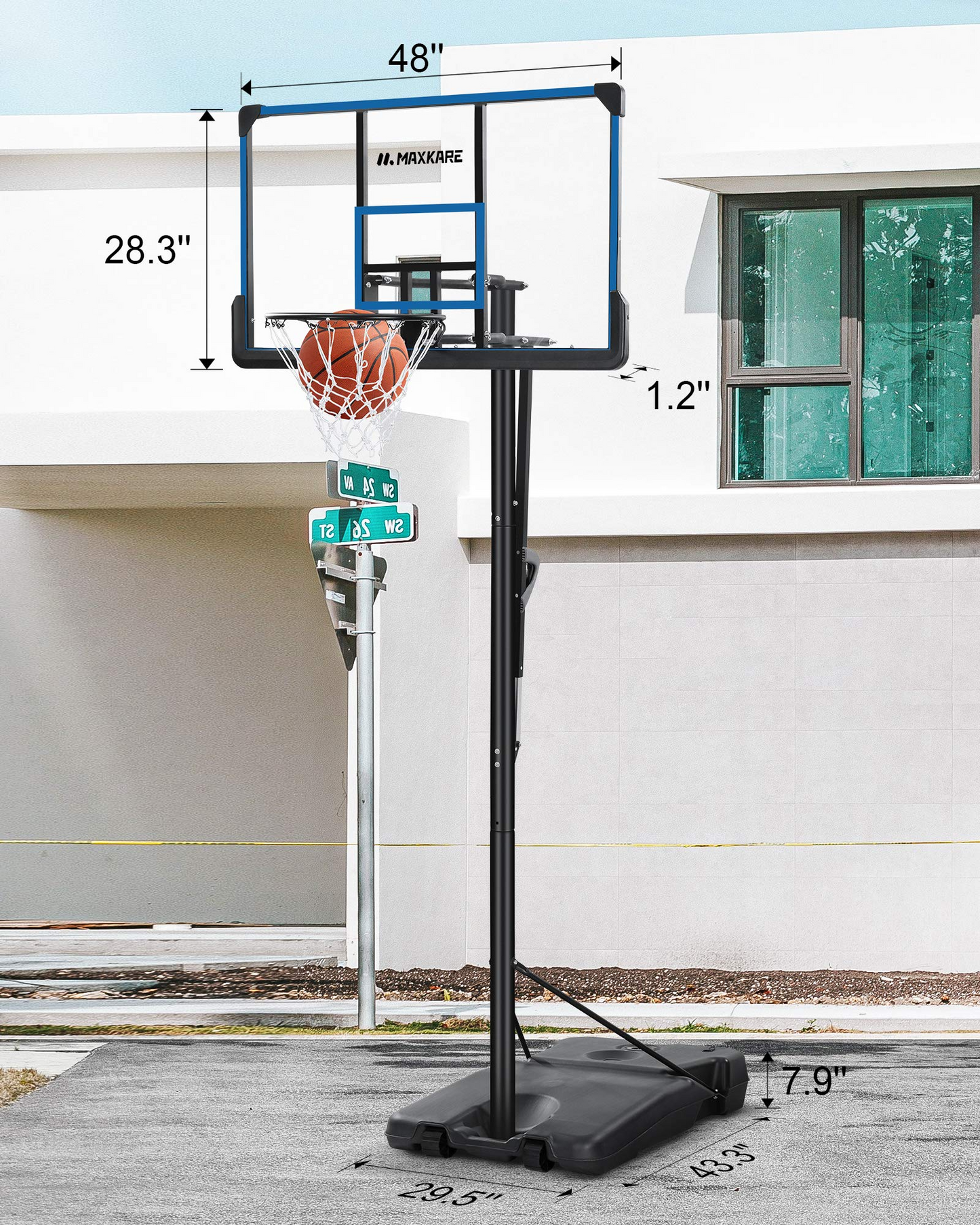 MaxKare 48 In., Portable Basketball Hoop Basketball Goal 7 Ft. 5 In., 10 Ft. Height Adjustable and Adjustable Angled Pole Outdoor Court Equipment with Wheels for Adults Kids Indoor Home Use