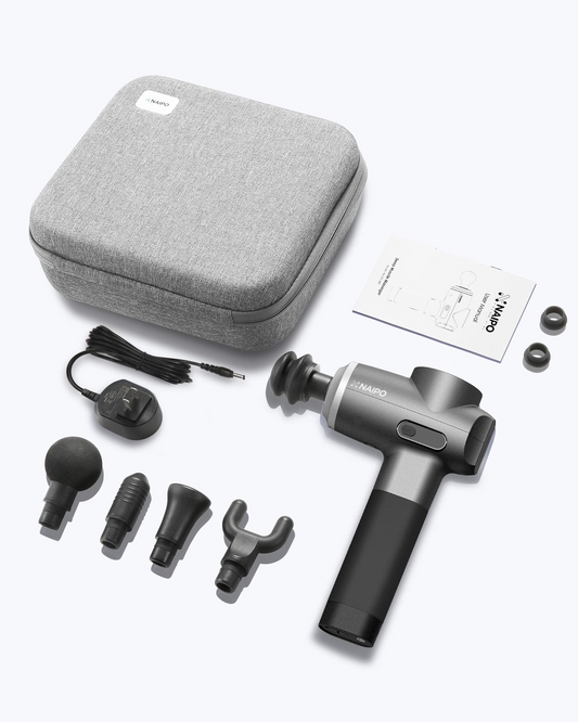 Naipo 5 Heads Muscle Massage Gun Powerful Handheld Deep Tissue Percussion Massager for Pain Relief Athlete Deep Muscle Relaxation 43 db Quiet Brushless Motor Portable with Carrying Case