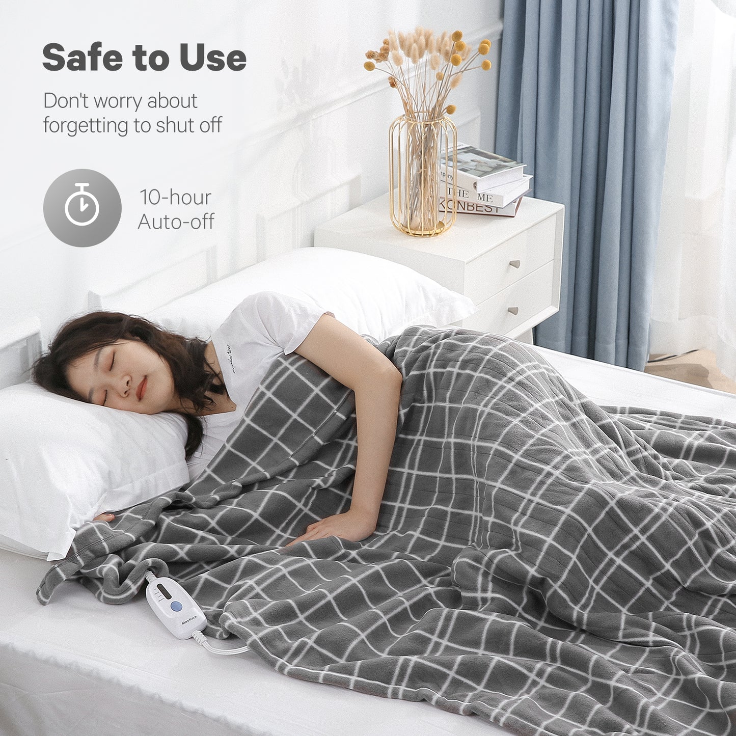 Maxkare Electric Blanket 62" x 84" Twin Size Heated Throw Blanket with Adjustable Timer 4 Heating Levels, Auto-Off Feature Machine-Washable(Grey&White)