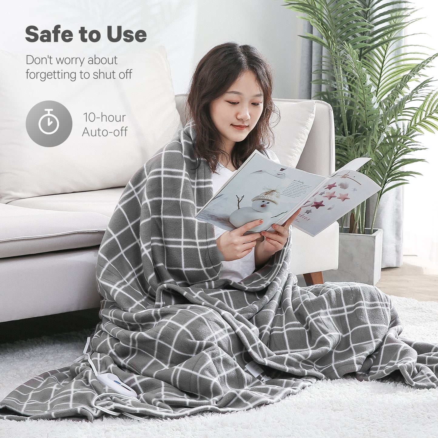Maxkare Electric Blanket 72" x 84" Full Size Heated Throw Blanket with Adjustable Timer 4 Heating Levels, Auto-Off Feature Machine-Washable(Grey&White)