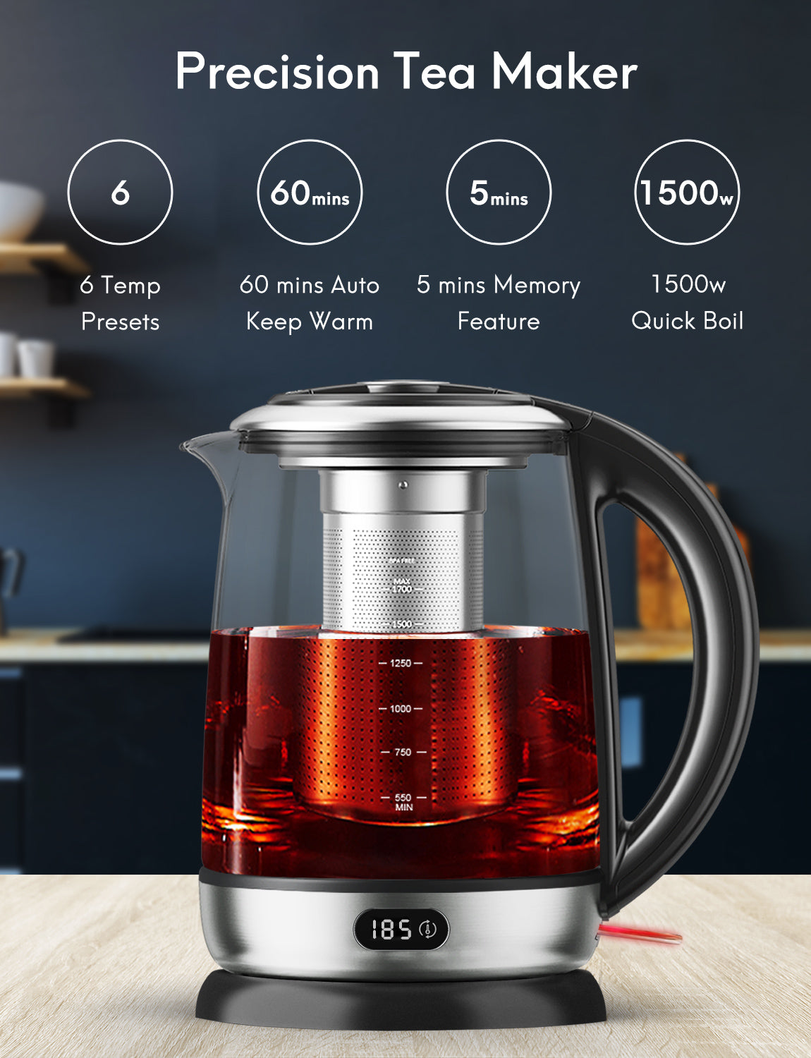 AICOOK 1.7L Electric Kettle Glass Tea Kettle with 6 Temperature Preset –  MAXKARE