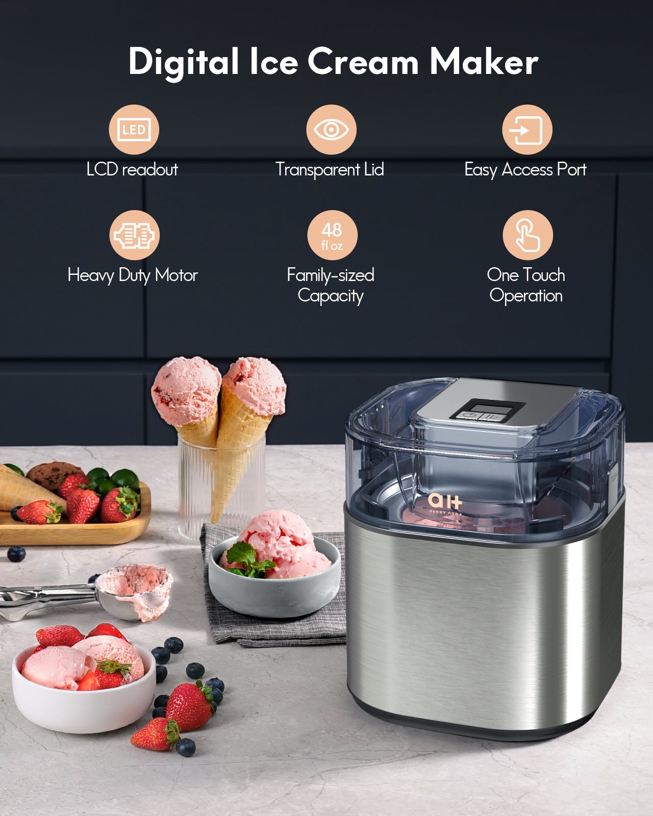 Load image into Gallery viewer, 1.5QT Ice Cream Maker with LCD Digital Display and Countdown Timer Control Panel Fruit Sorbet and Frozen Yogurt Machine for home, Recipe included
